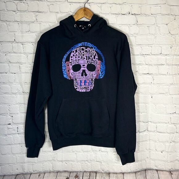 Mens Black Word Art Skull Hoodie size S Small - Picture 1 of 6
